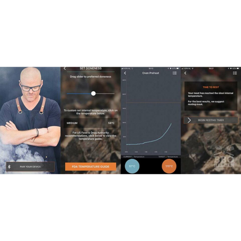 Screenshots van de Everdure 4K app met instellingen voor gaarheid, oven voorverwarmen en rusttijd.